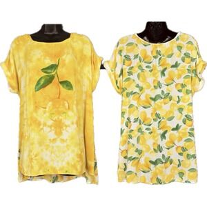 Stylus Womens Yellow Tie Dye Lemon Print Rayon Short Sleeve Blouse Large